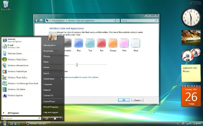 Windows Vista, jossa Aero On